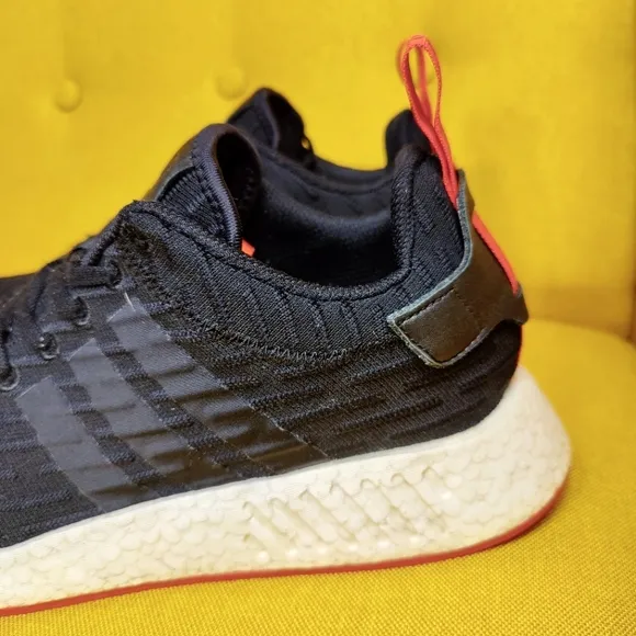 Adidas NMD_R2 Primeknit Core Black Red Black Sneakers Athletic Men's Shoes Sz 11