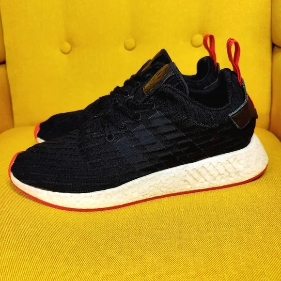 Adidas NMD_R2 Primeknit Core Black Red Black Sneakers Athletic Men's Shoes Sz 11