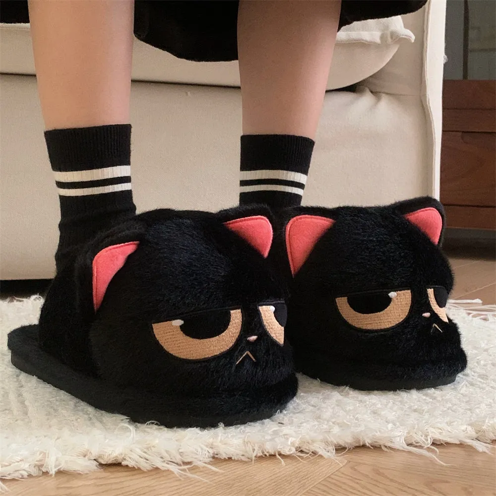 Angry Little Black Cat Cute Anti Slip Warm Furry Home Shoes