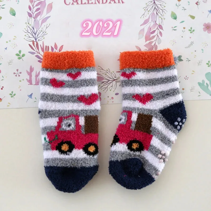 Baby Winter Warm Socks Children non Slip Socks Kids Fluffy Bed Footwear Home Boys Girls Coral Velvet Floor Socks Thick Cute Car