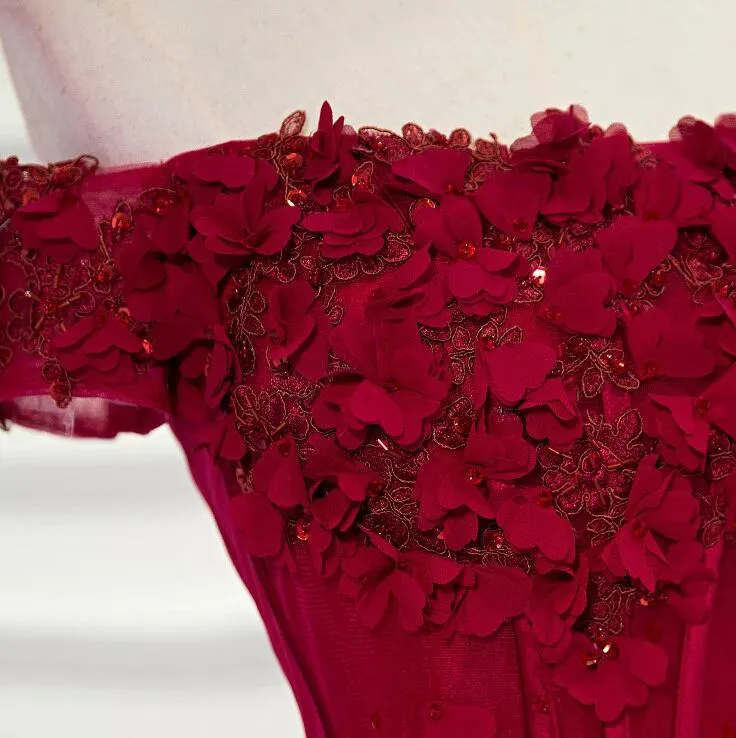 Burgundy Tulle Flowers Flower Prom Dress， Off the Shoulder Long Bridesmaid Dress