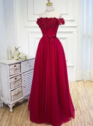 Burgundy Tulle Flowers Flower Prom Dress， Off the Shoulder Long Bridesmaid Dress