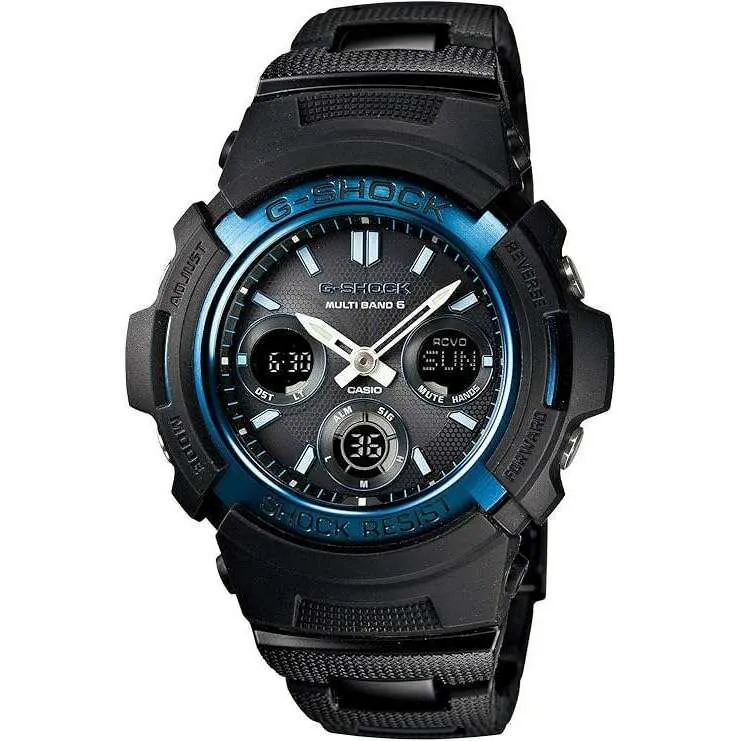 CASIO G-SHOCK RADIO SOLAR DAY-DATE ANALOG DIGITAL DIAL BLACK & BLUE MEN WATCH AWG-M100BC-2AJF