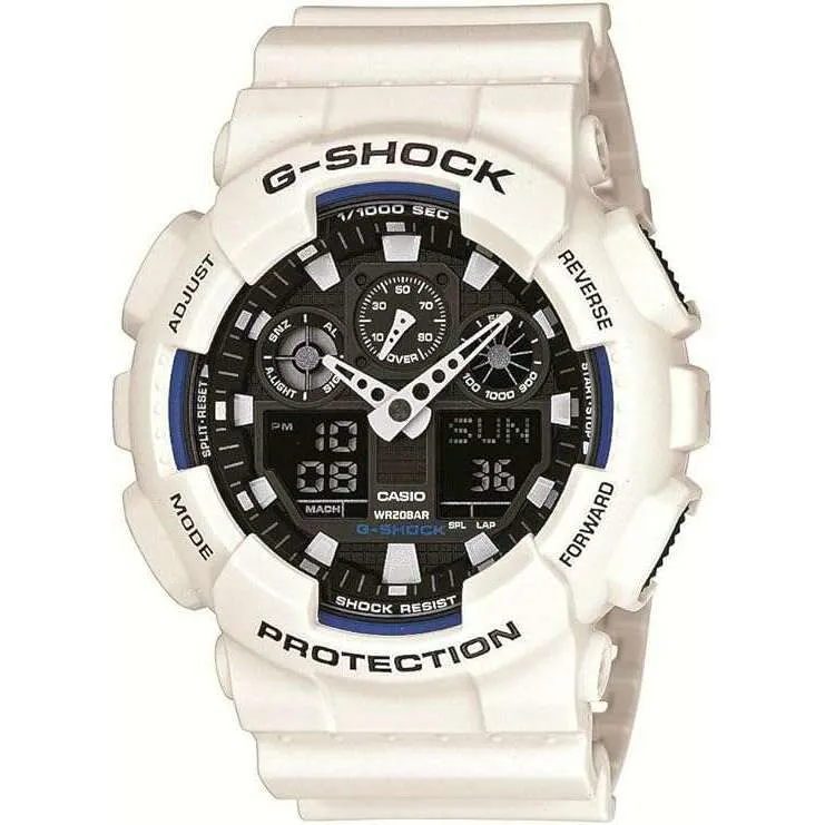 CASIO G-SHOCK WHITE RUBBER STRAP BLACK ANALOG DIAL MEN WATCH GA-100B-7AJF