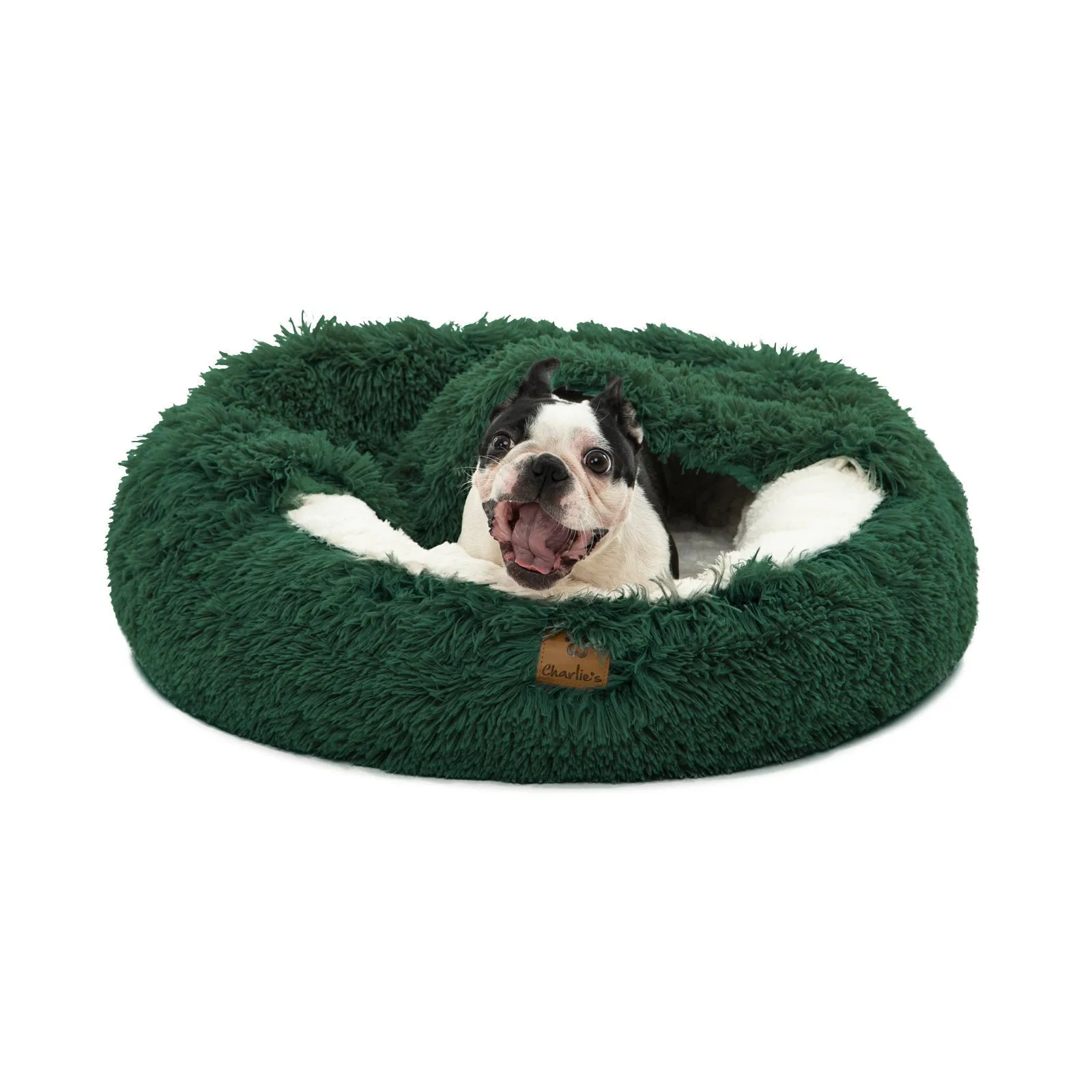 Charlie's Snookie Hooded Faux Fur Calming Dog Bed Eden Green Small