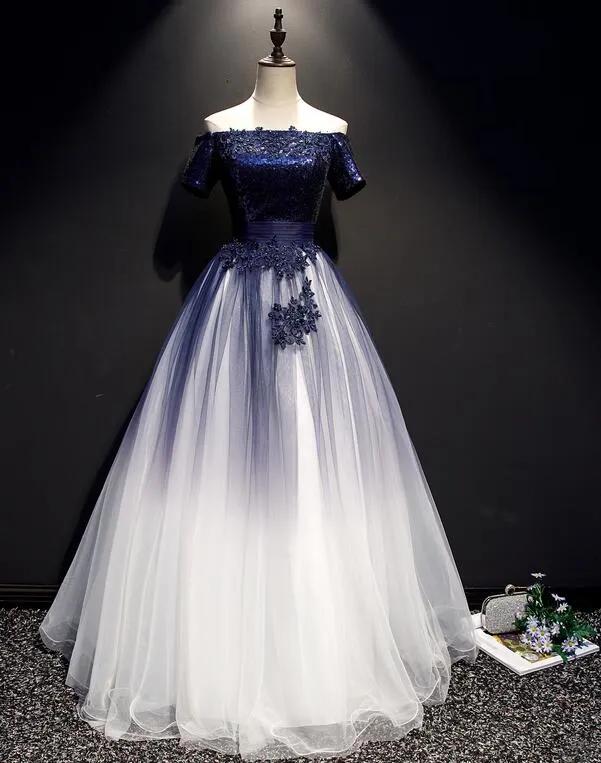 Charming Navy blue Gradient Tulle with Lace Applique Party Gown, Short Sleeves Formal Dress