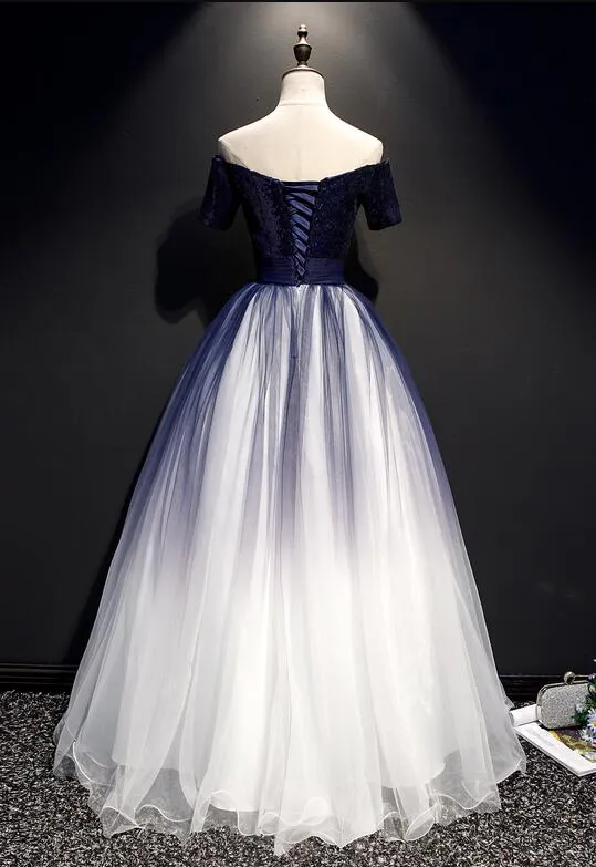 Charming Navy blue Gradient Tulle with Lace Applique Party Gown, Short Sleeves Formal Dress