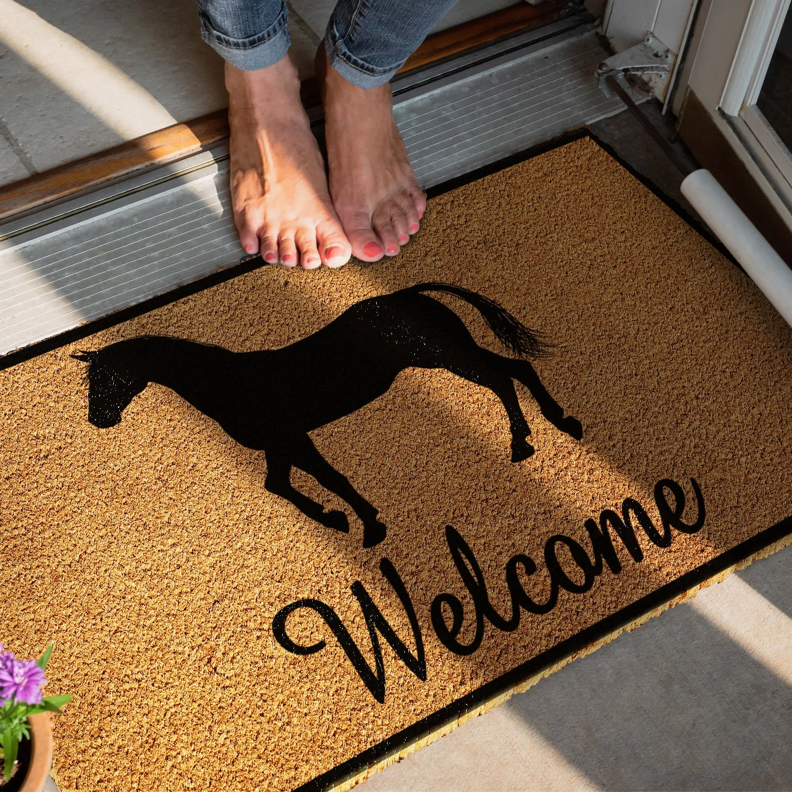 Door Mat with Horse Welcome and Black Border Design