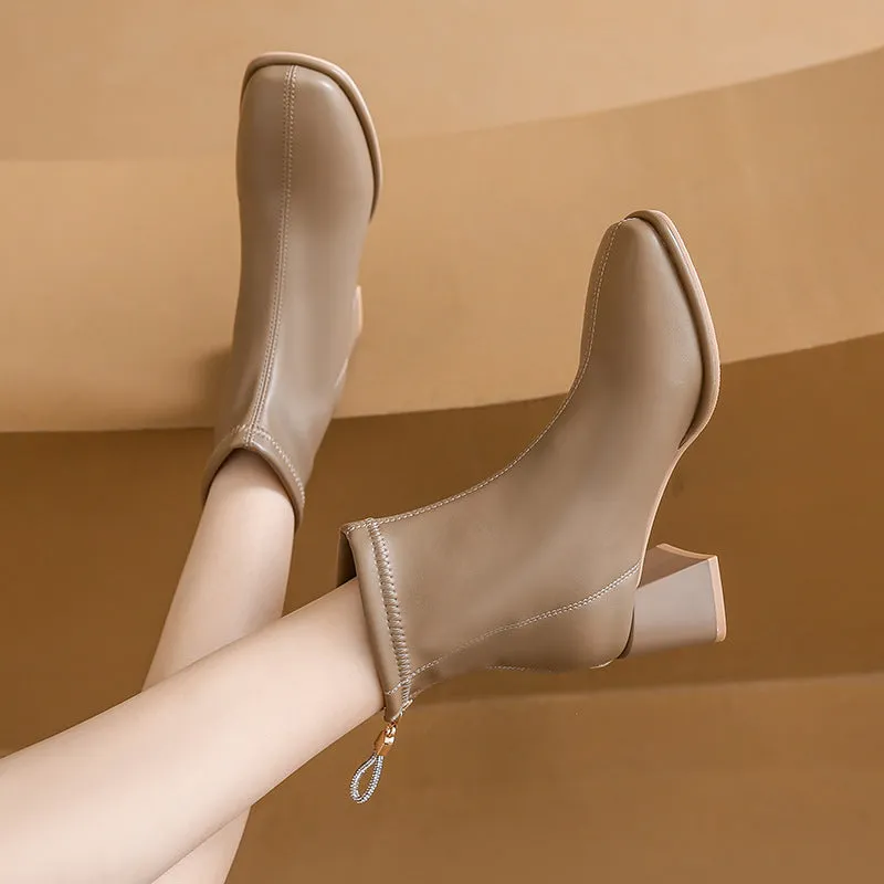 Fashion Square Toe Chunky Heel Back Zip Ankle Boots