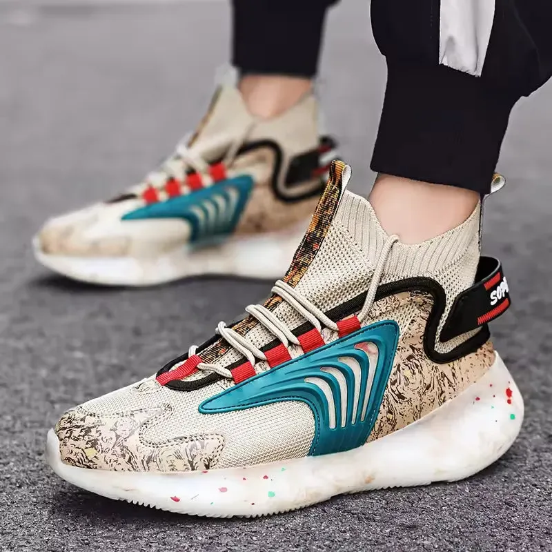 Fashiontrend Men Walking Shoes High Top Lace-up Casual Men Sneakers Antislip Light-weight