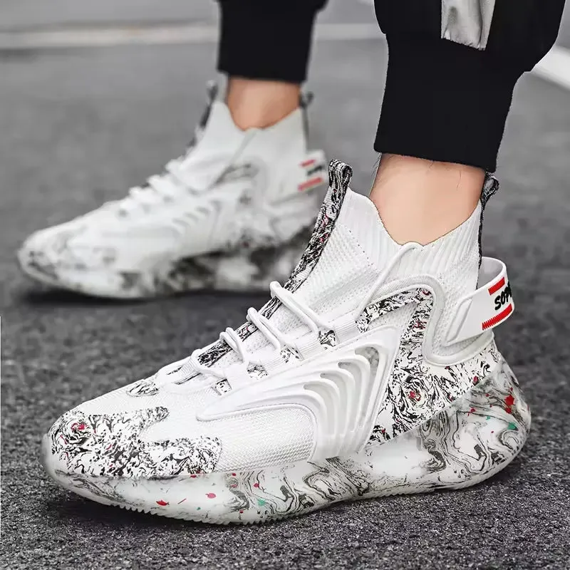 Fashiontrend Men Walking Shoes High Top Lace-up Casual Men Sneakers Antislip Light-weight