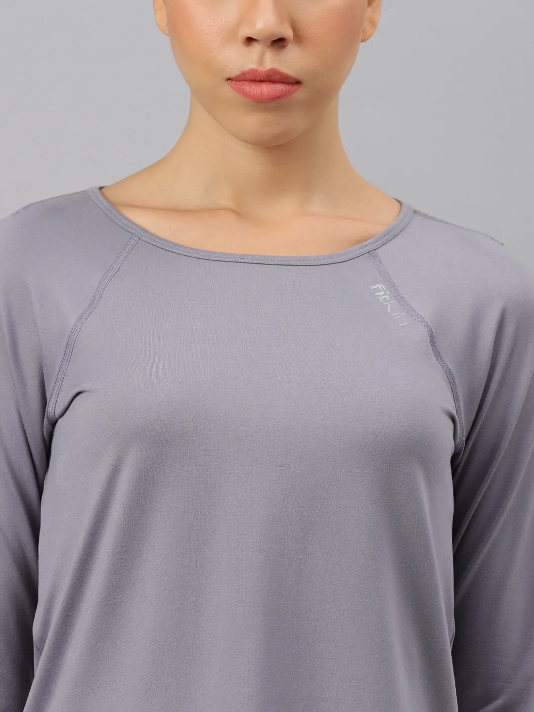 Fitkin women's grey round neck back laser cut design full sleeves t-shirt