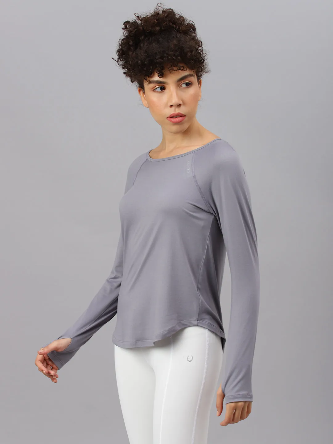 Fitkin women's grey round neck back laser cut design full sleeves t-shirt