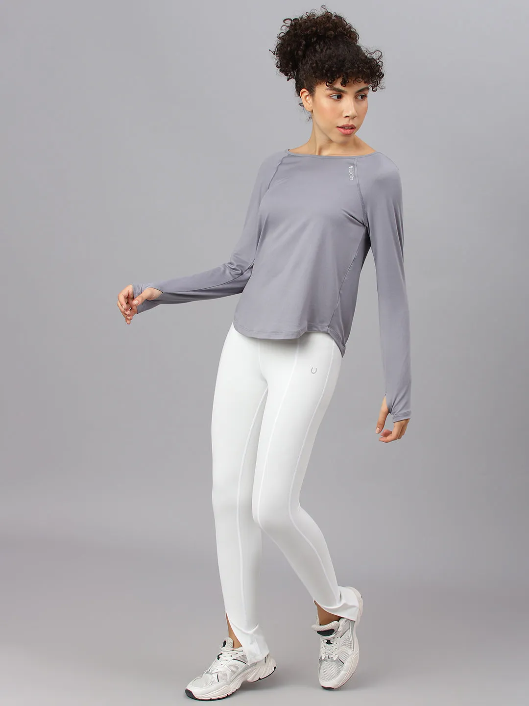 Fitkin women's grey round neck back laser cut design full sleeves t-shirt