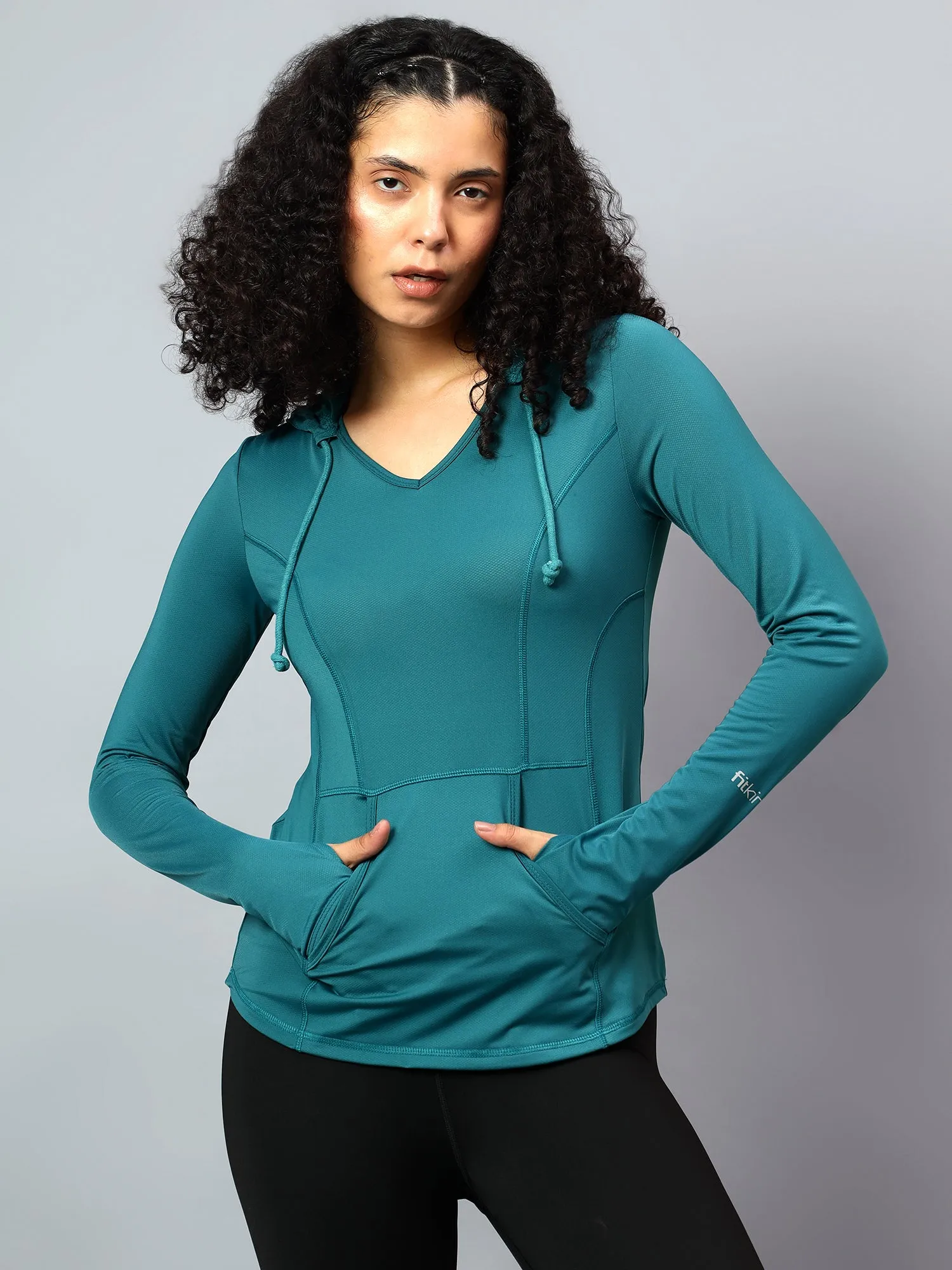 Fitkin Women's Teal Green Self Design Longsleeve Hooded Tshirt