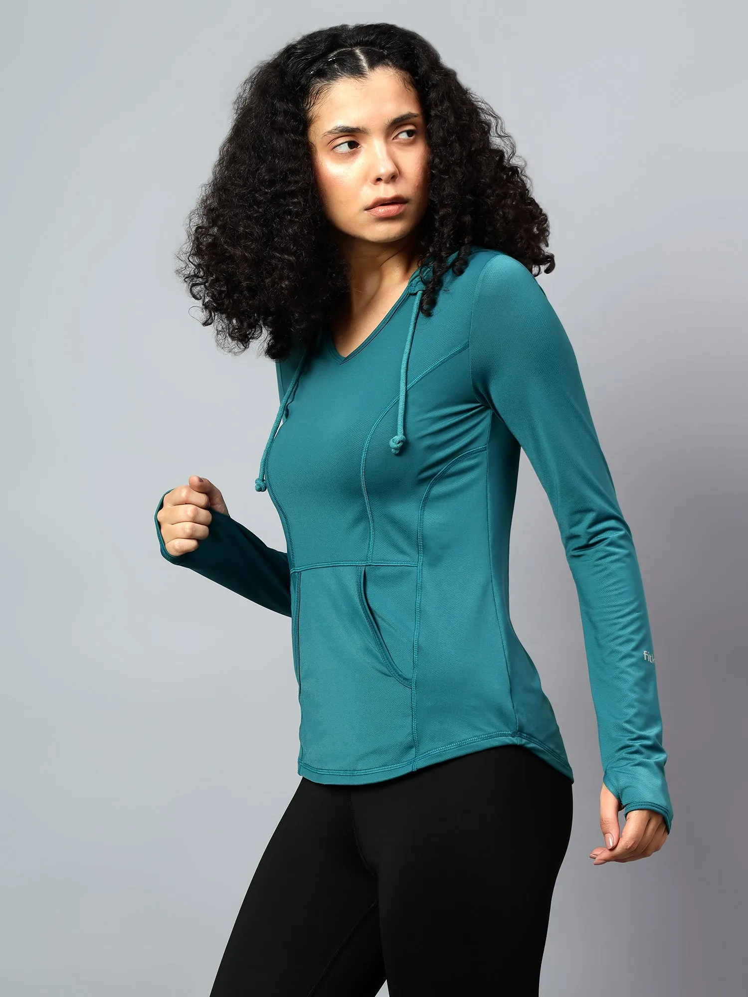 Fitkin Women's Teal Green Self Design Longsleeve Hooded Tshirt
