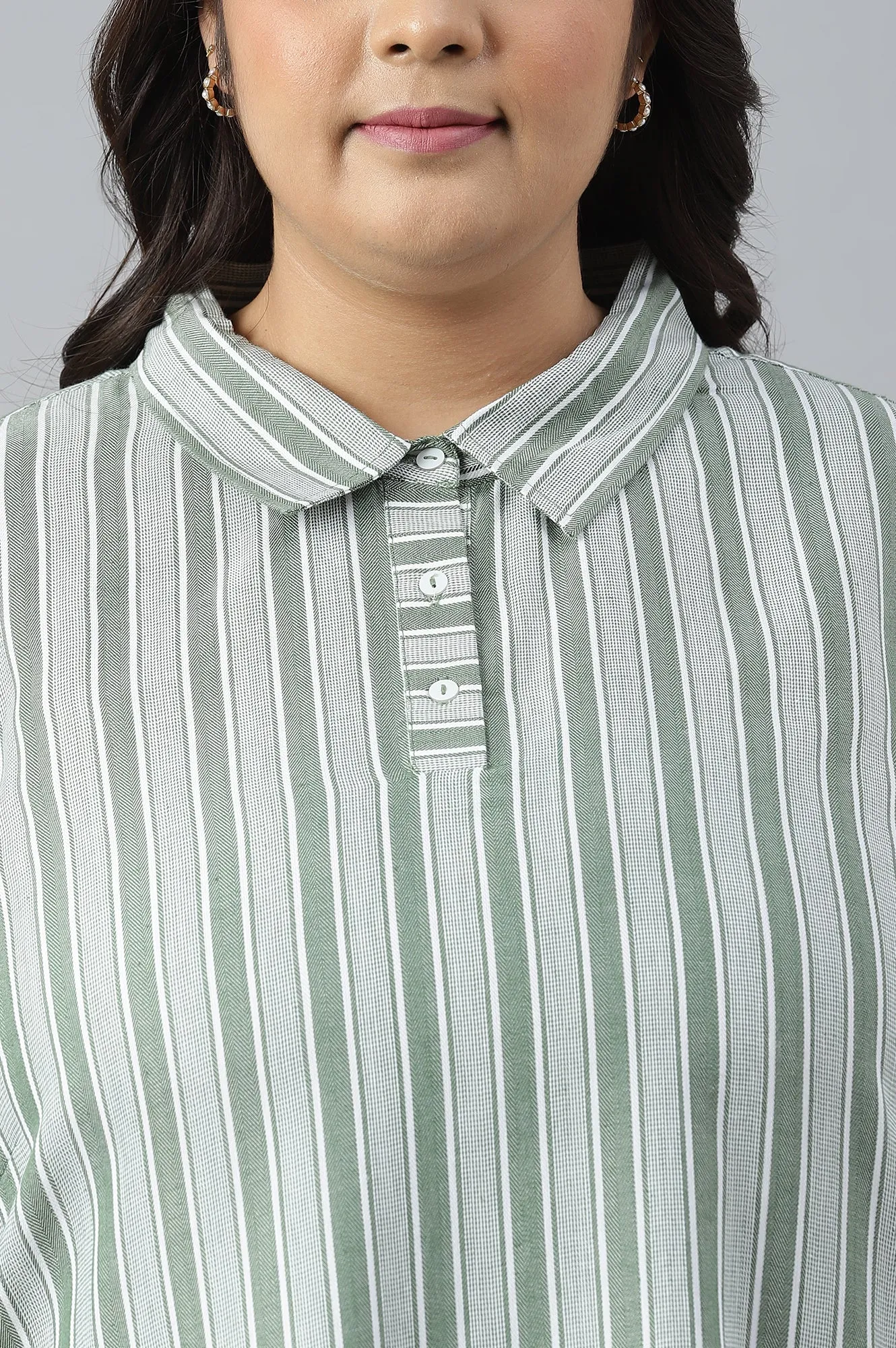 Green Stripe Print Plus Size Shirt Collar kurta
