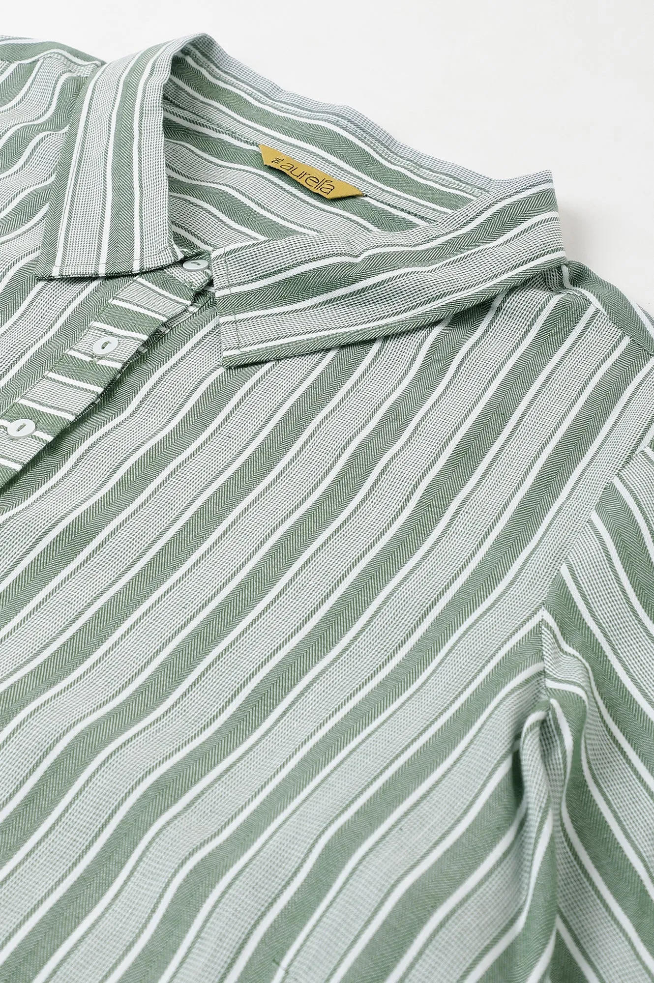 Green Stripe Print Plus Size Shirt Collar kurta