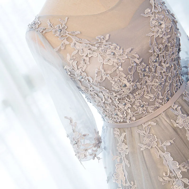 Grey Lovely Wedding Party Dress, Beautiful Tulle A-line Short Sleeves Wedding Party Dress