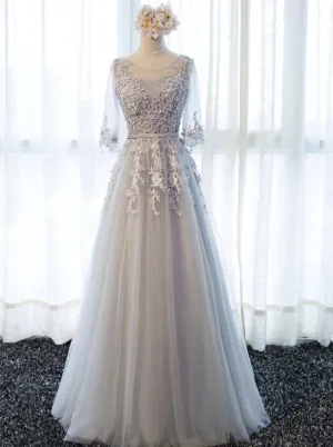 Grey Lovely Wedding Party Dress, Beautiful Tulle A-line Short Sleeves Wedding Party Dress
