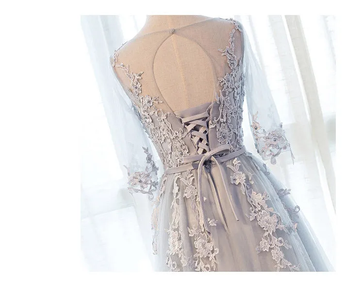 Grey Lovely Wedding Party Dress, Beautiful Tulle A-line Short Sleeves Wedding Party Dress