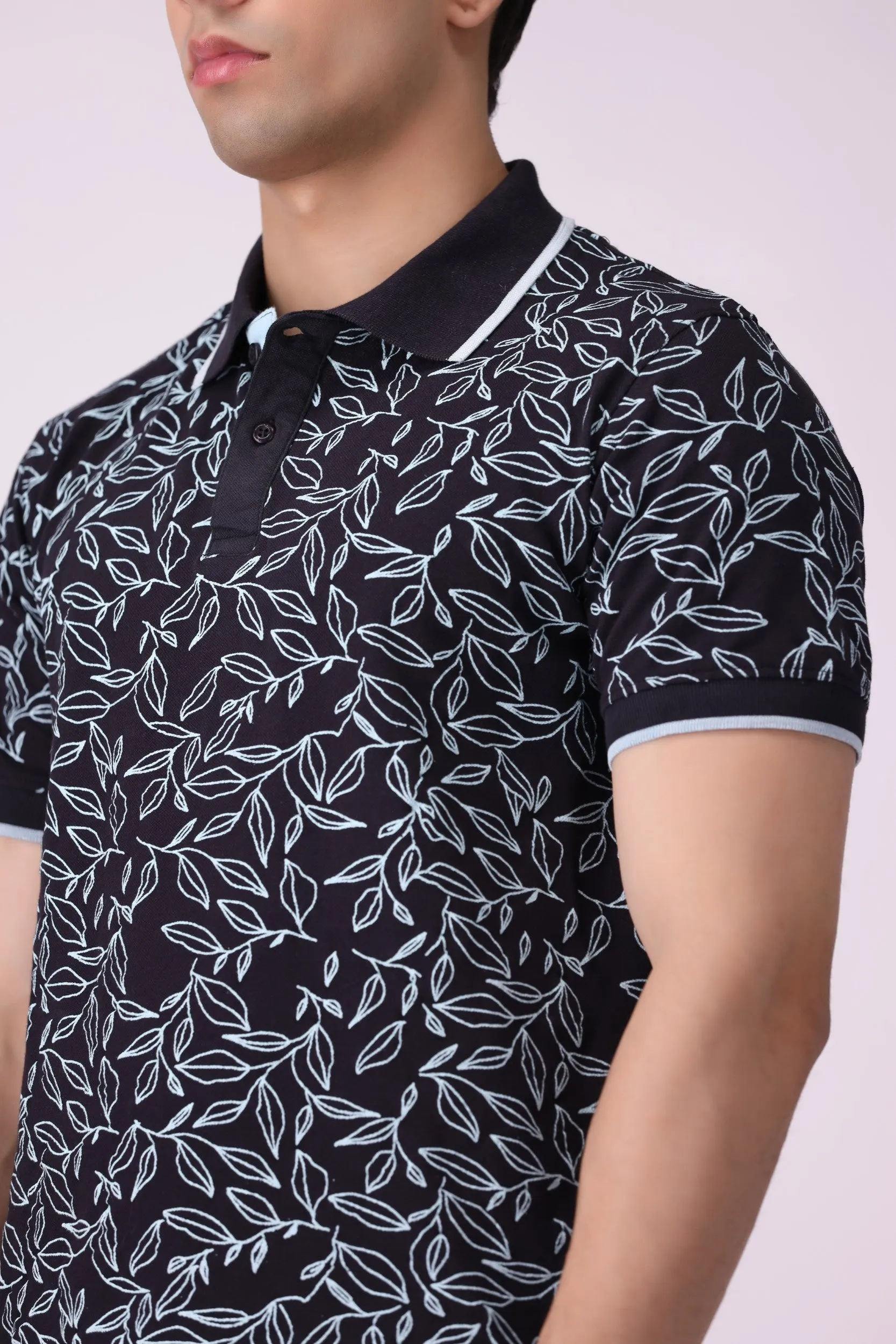 Leaf-Print Blue Polo Shirt
