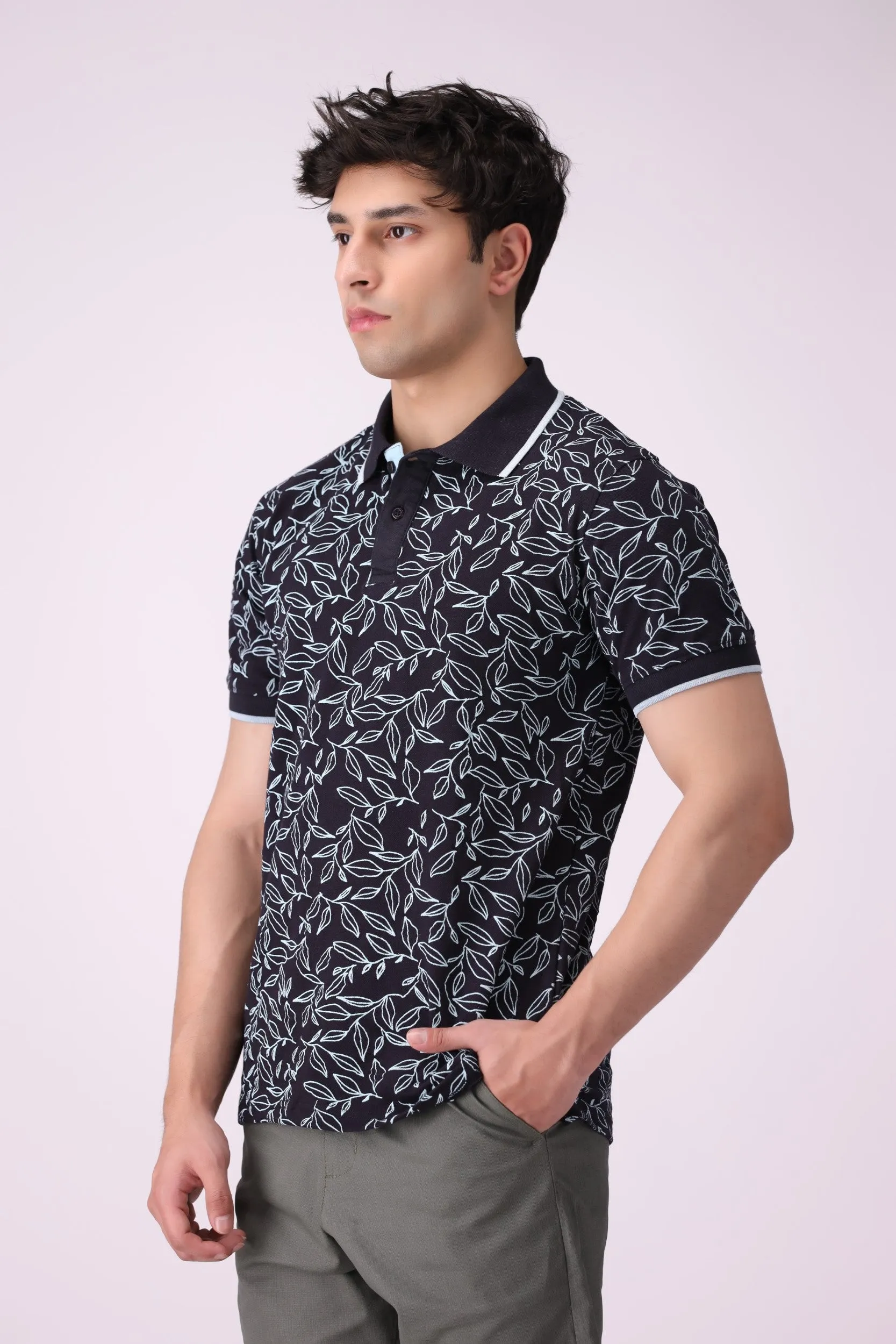 Leaf-Print Blue Polo Shirt