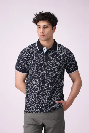 Leaf-Print Blue Polo Shirt