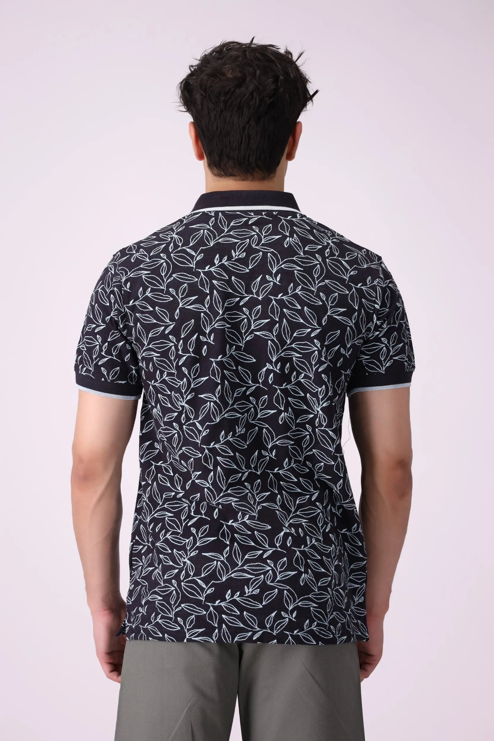 Leaf-Print Blue Polo Shirt
