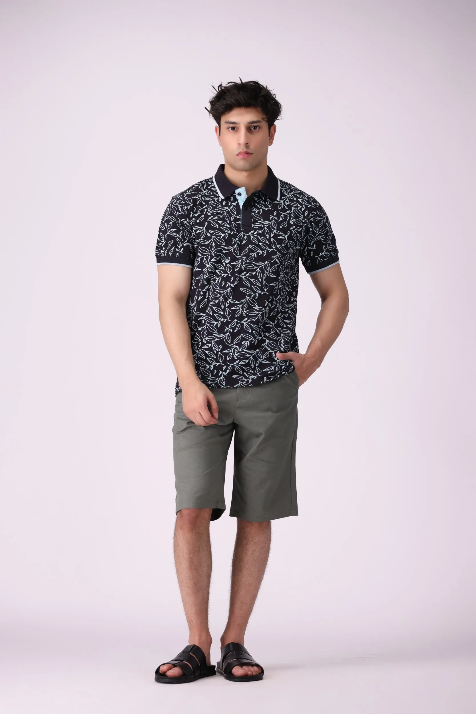Leaf-Print Blue Polo Shirt