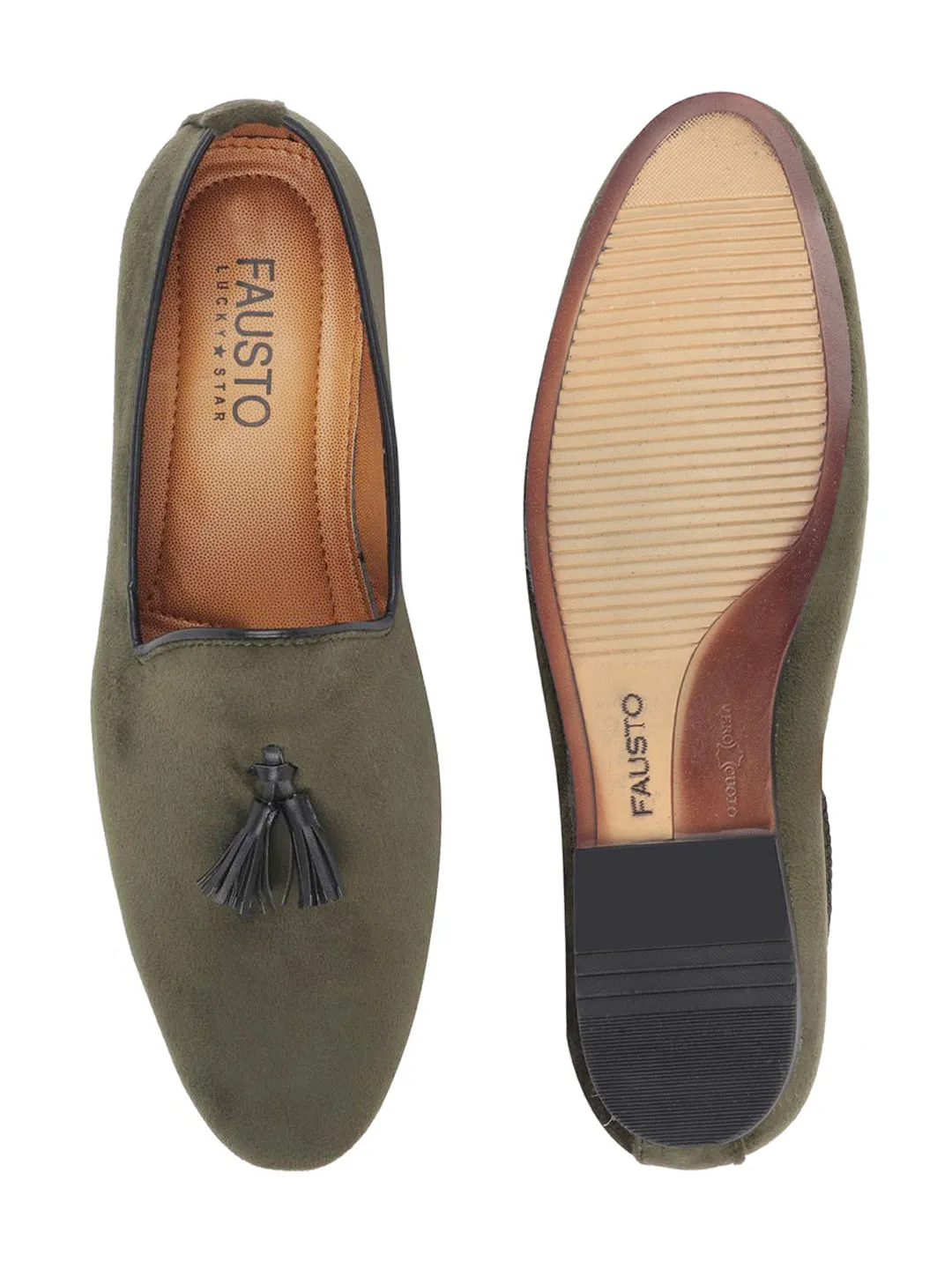 Men Olive Green Velvet Party Loafers Slip On Casual Shoes