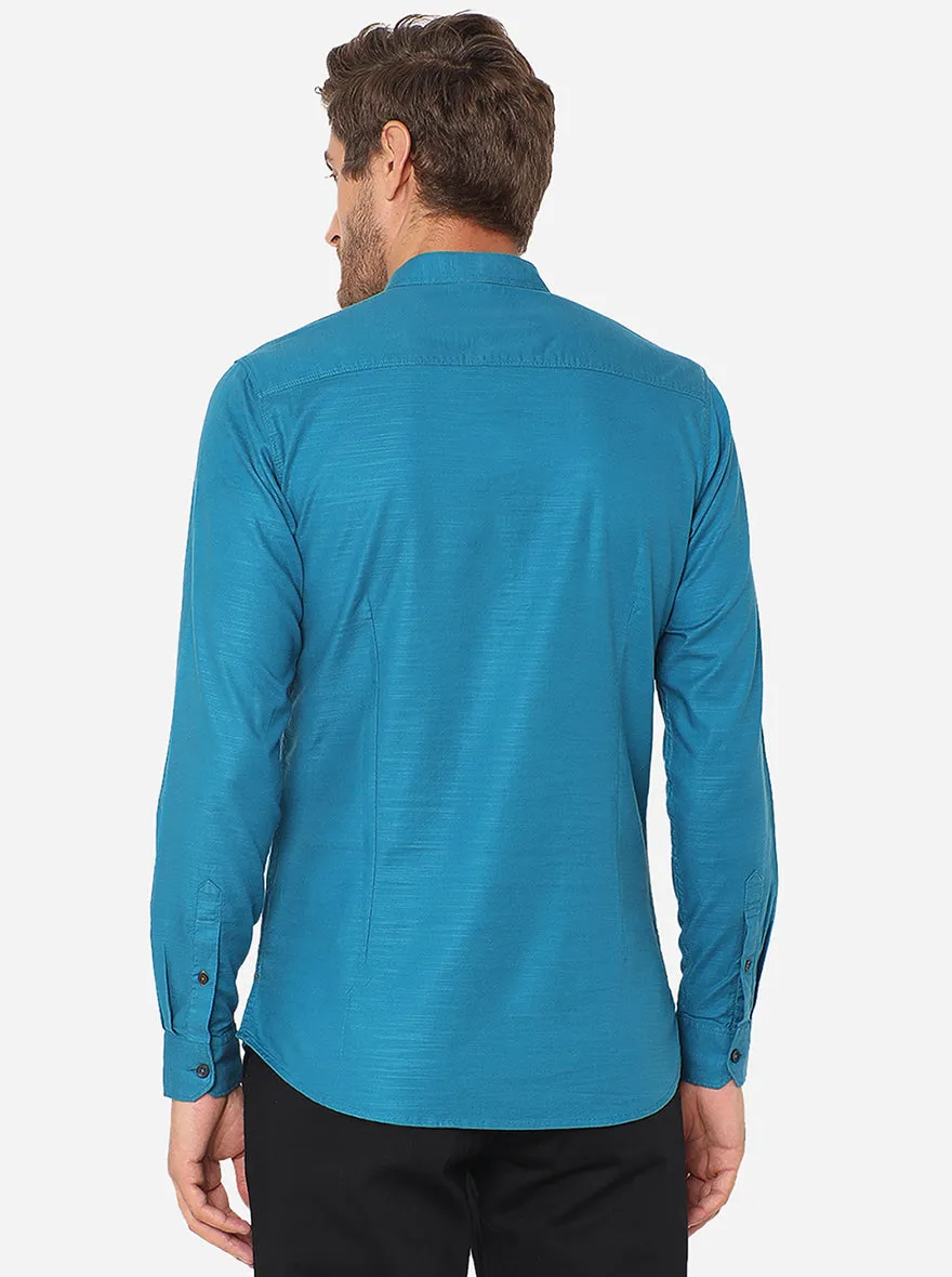 Mosaic Blue Solid Slim Fit Semi Casual Shirt | JadeBlue