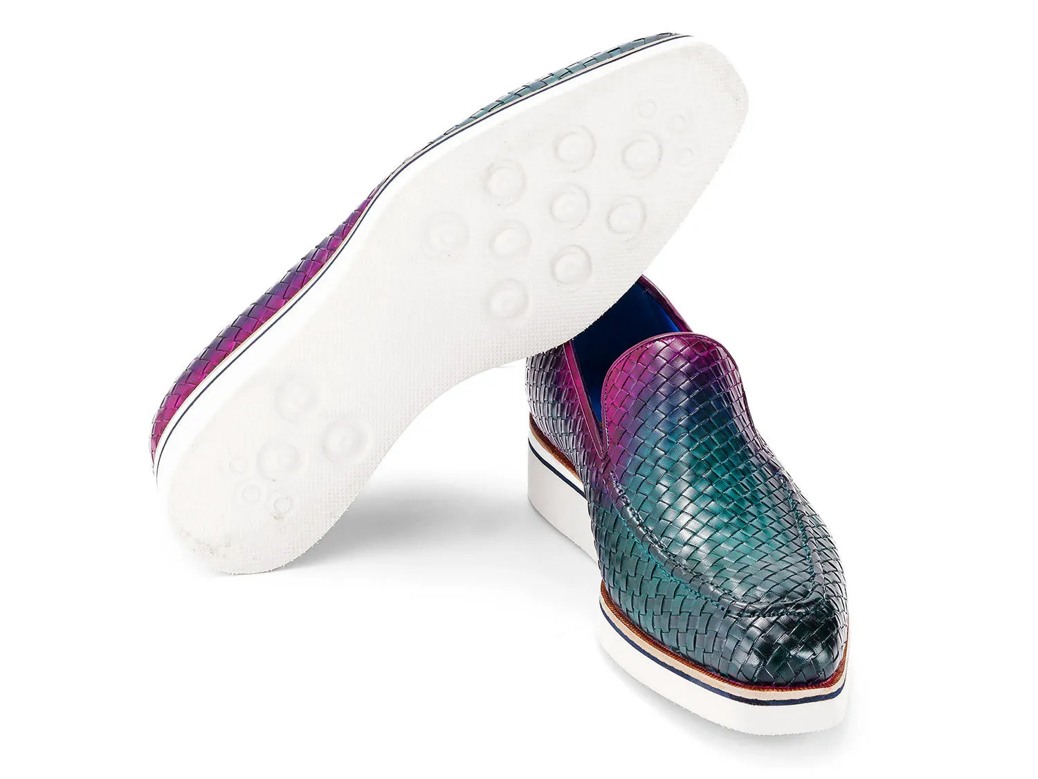 Paul Parkman Men's Smart Casual Woven Leather Loafers in Green & Purple