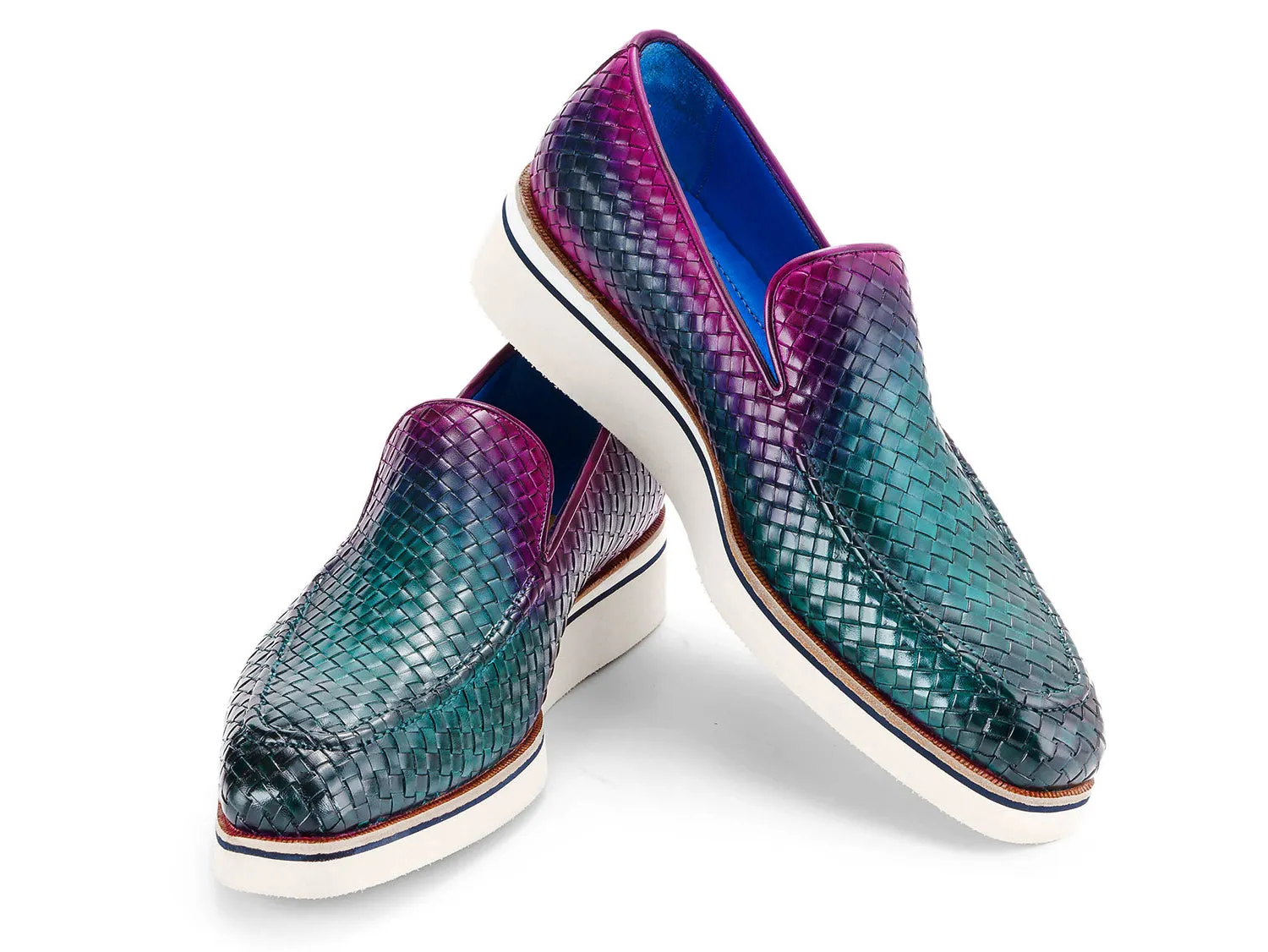 Paul Parkman Men's Smart Casual Woven Leather Loafers in Green & Purple
