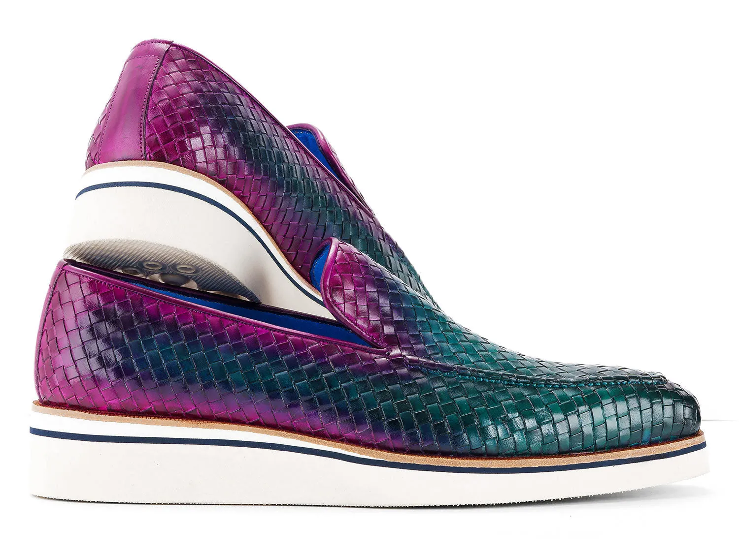 Paul Parkman Men's Smart Casual Woven Leather Loafers in Green & Purple