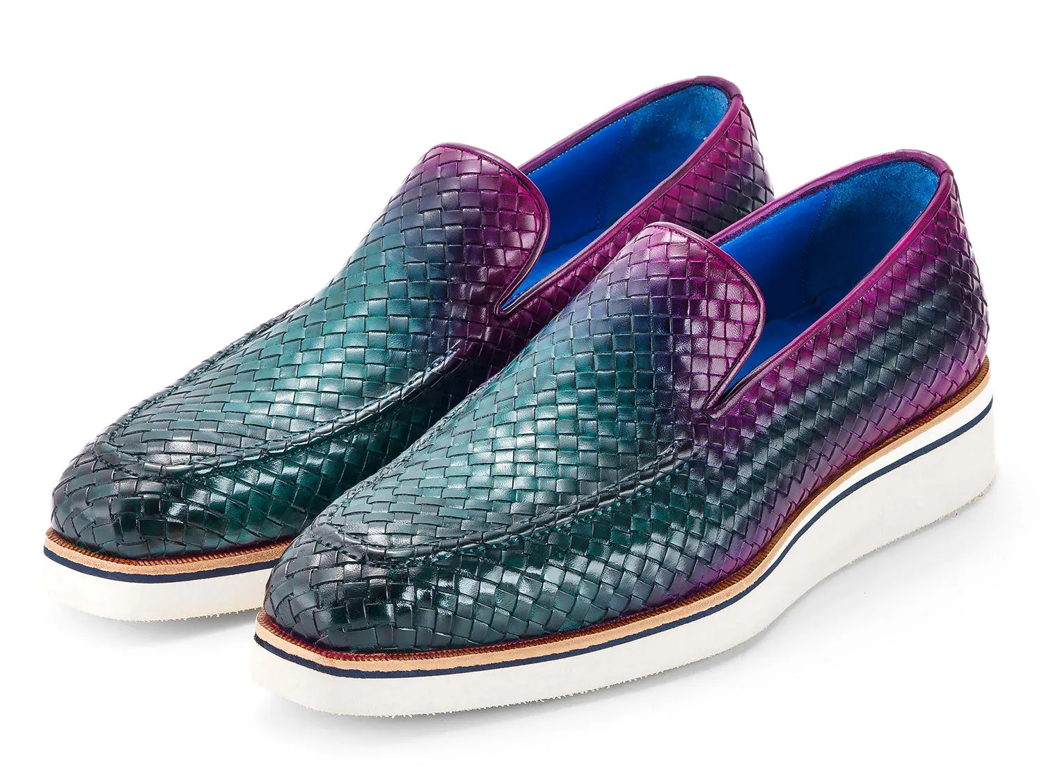 Paul Parkman Men's Smart Casual Woven Leather Loafers in Green & Purple