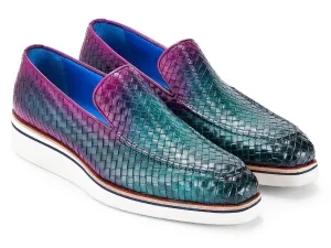 Paul Parkman Men's Smart Casual Woven Leather Loafers in Green & Purple