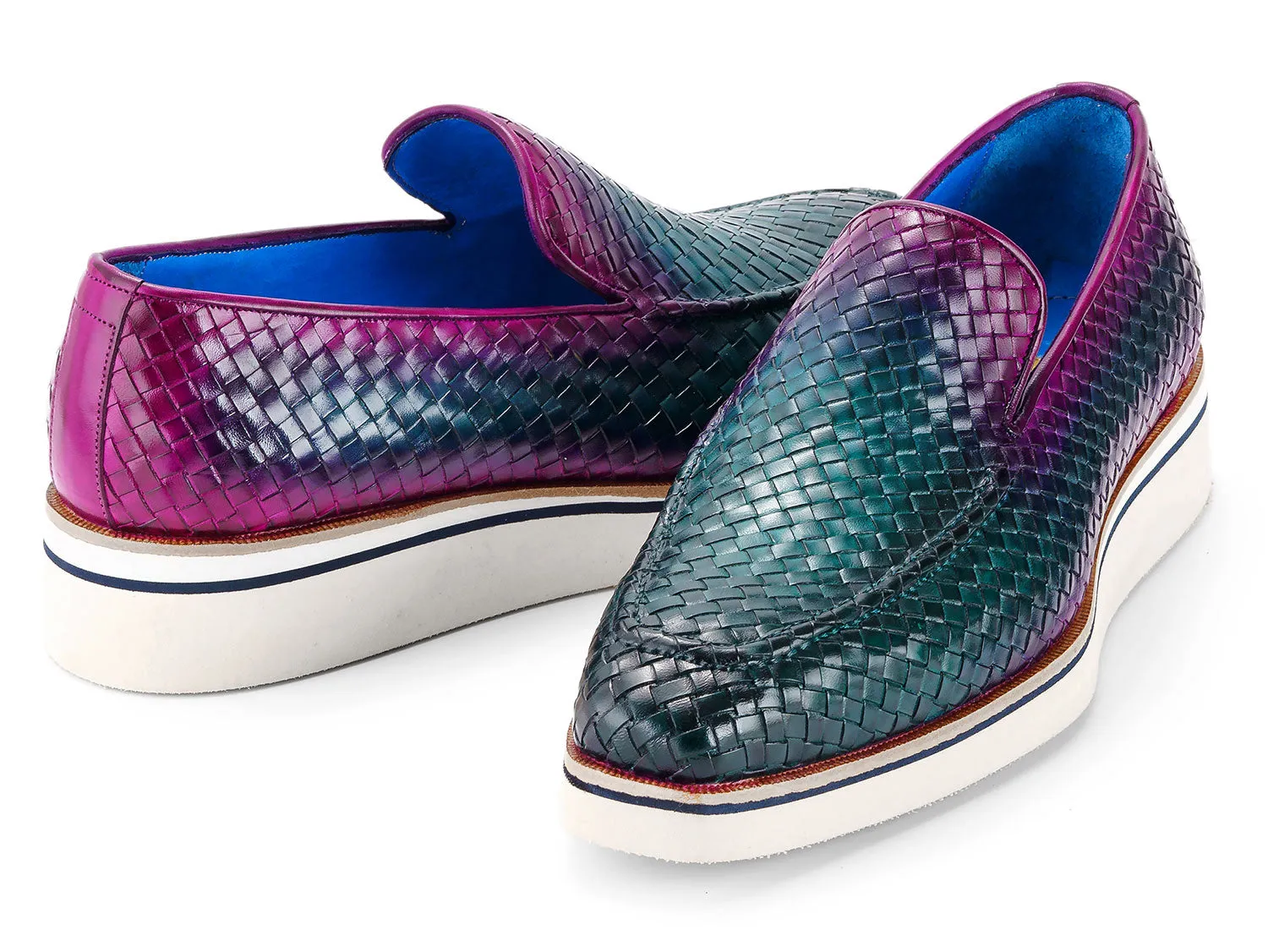 Paul Parkman Men's Smart Casual Woven Leather Loafers in Green & Purple