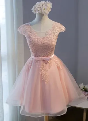 Pink Round Neckline Tulle Cute Knee Length Party Dress , Pink Party Dresses