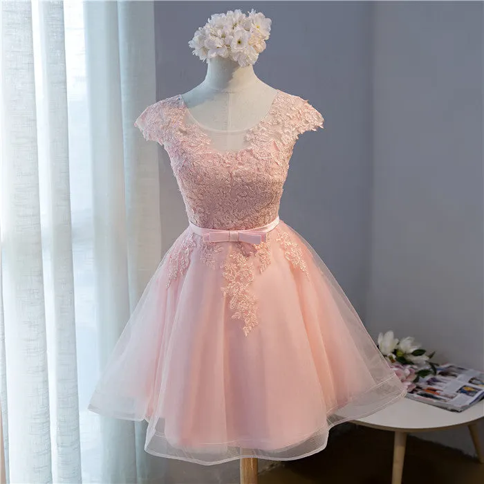 Pink Round Neckline Tulle Cute Knee Length Party Dress , Pink Party Dresses
