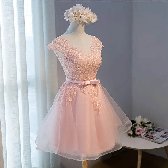 Pink Round Neckline Tulle Cute Knee Length Party Dress , Pink Party Dresses