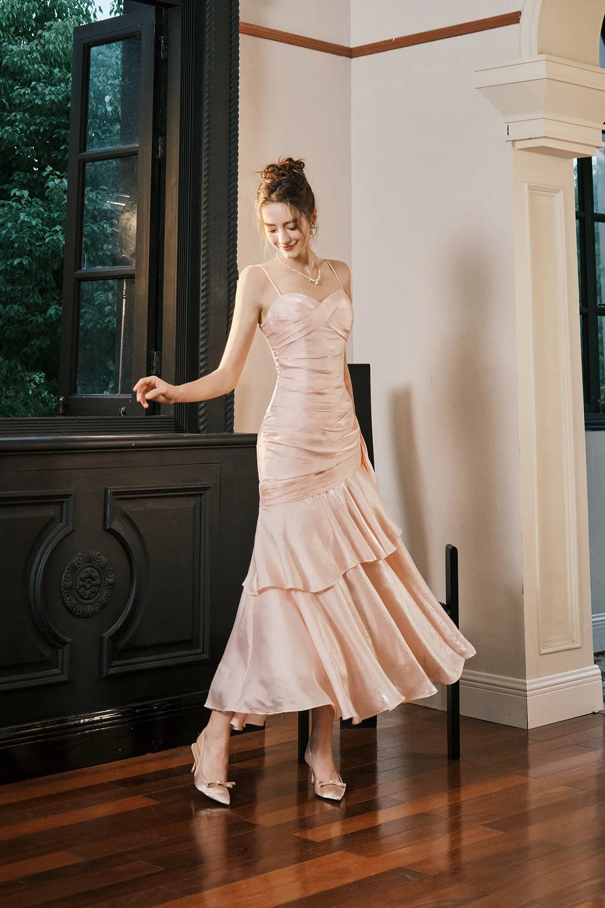 Pink Sweetheart Straps Mermaid Evening Dress, Pink Satin Long Prom Dress