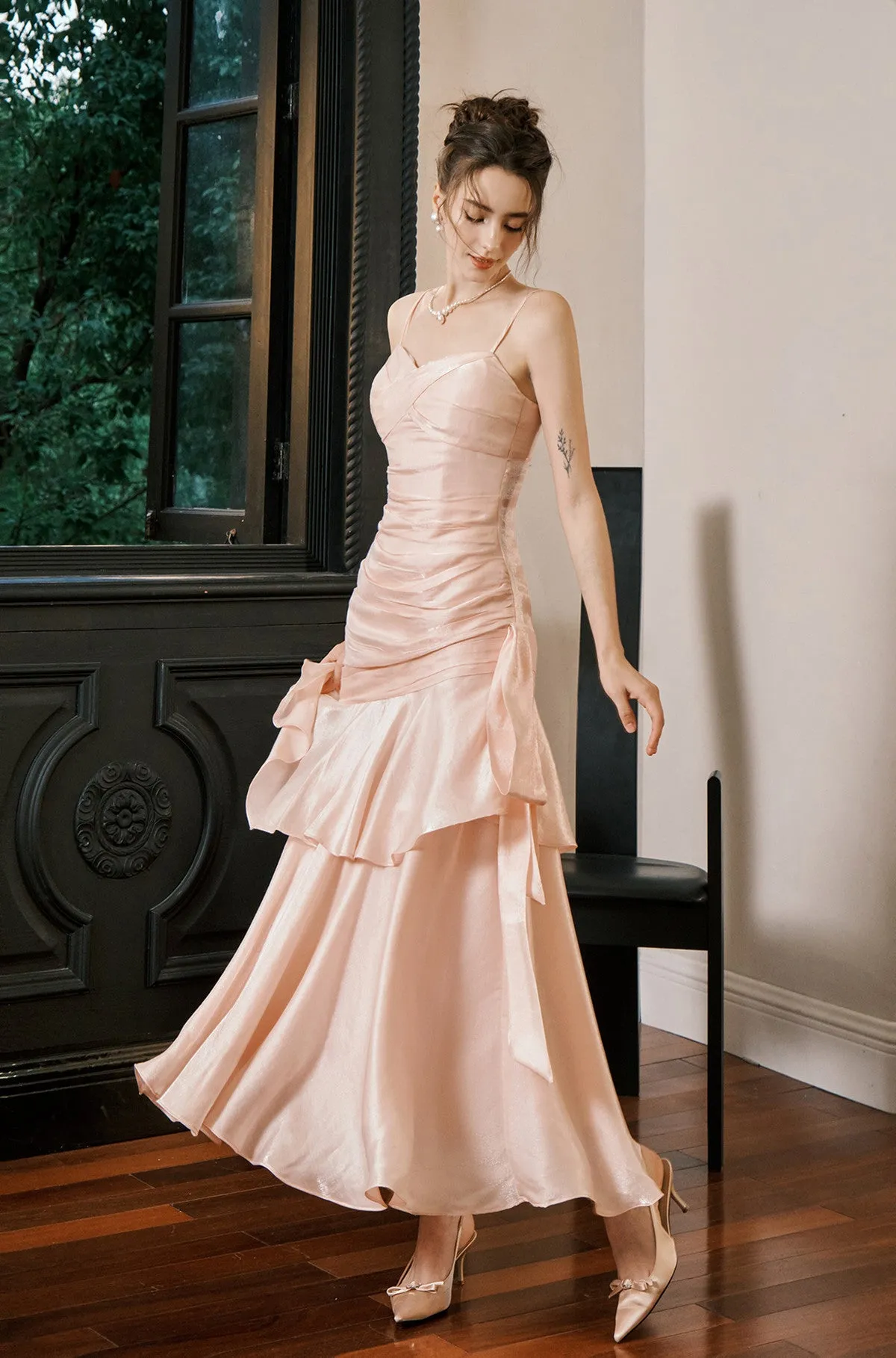 Pink Sweetheart Straps Mermaid Evening Dress, Pink Satin Long Prom Dress
