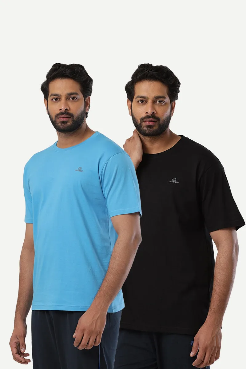 Round Neck - Blue and Black Solid T-Shirt Pack Of 2 Combo For Men | Ariser