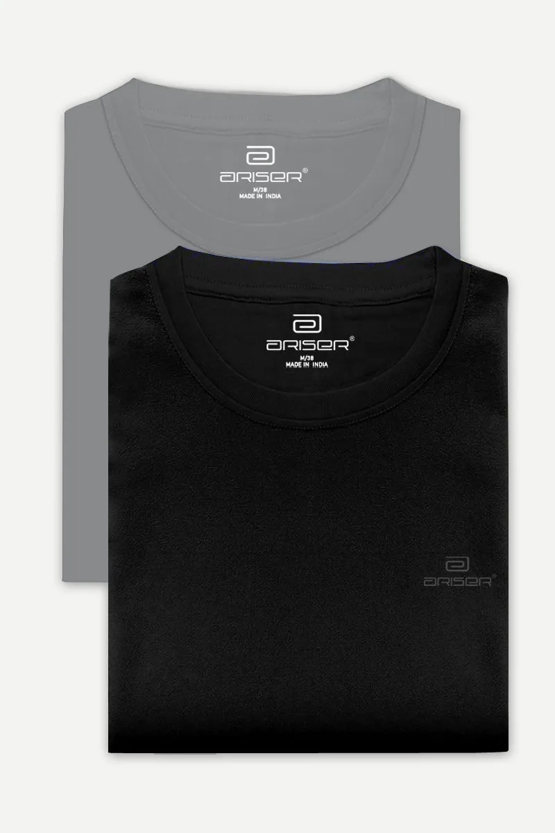 Round Neck - Iron Grey and Black Solid T-Shirt Pack Of 2 Combo For Men | Ariser