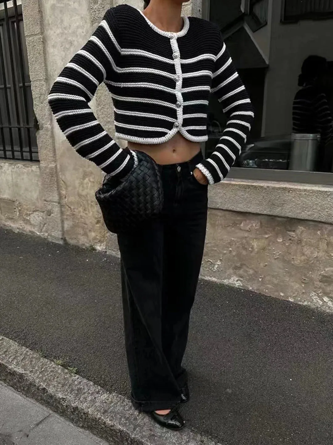 Round Neck Striped Buckle Cardigan