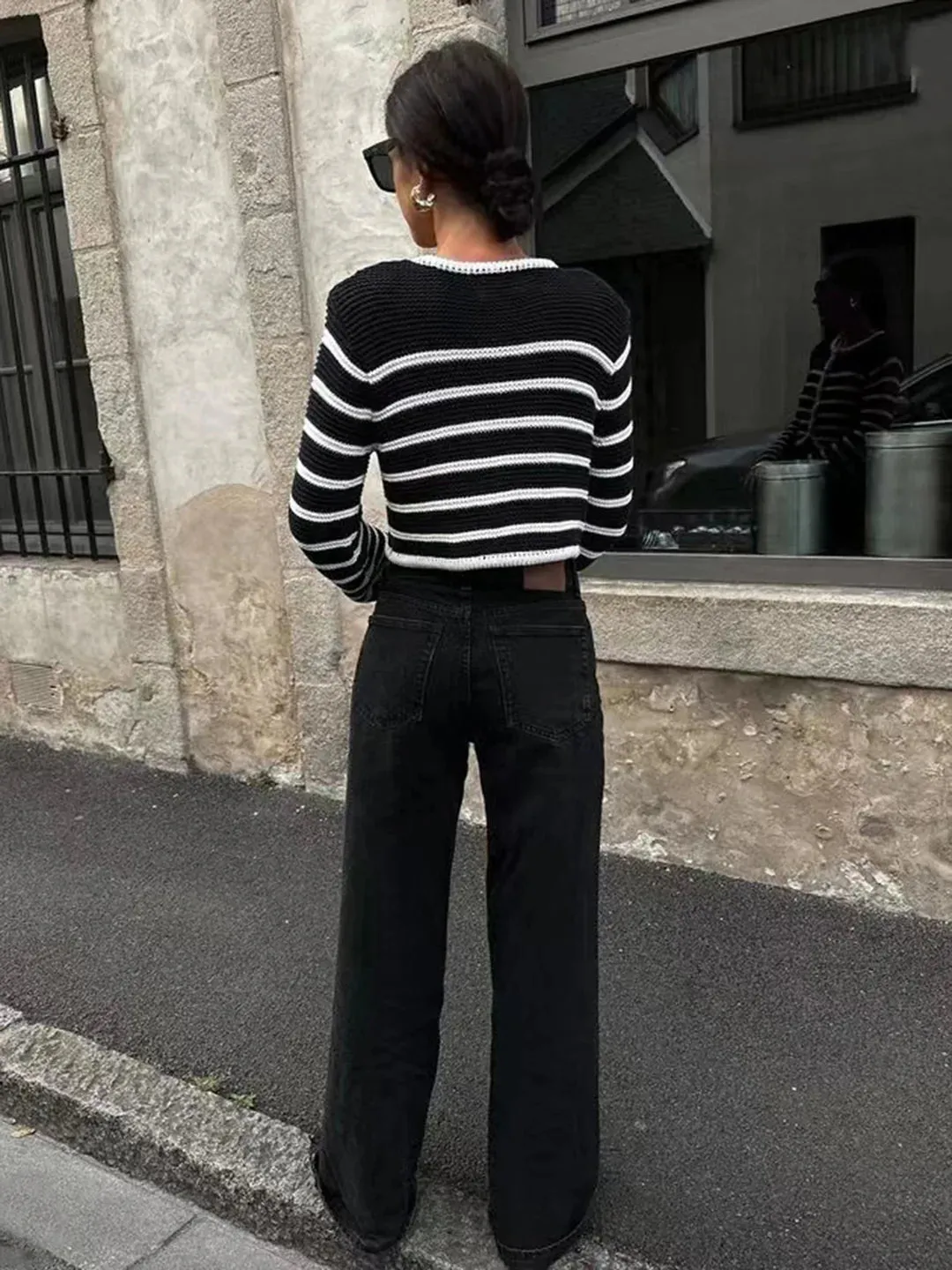 Round Neck Striped Buckle Cardigan