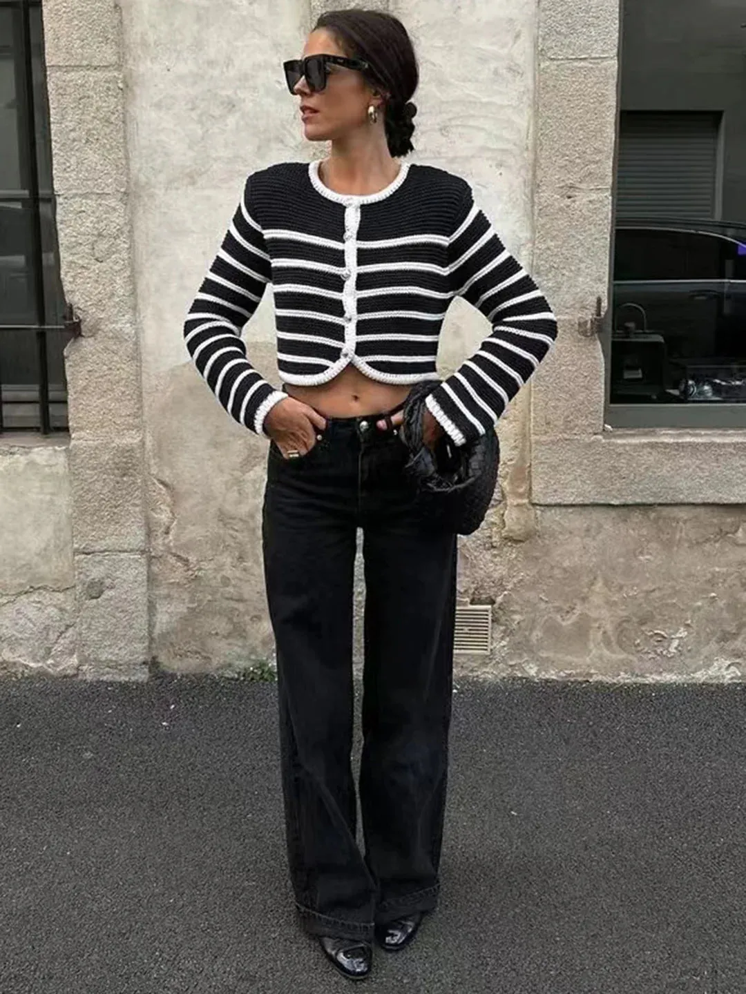 Round Neck Striped Buckle Cardigan