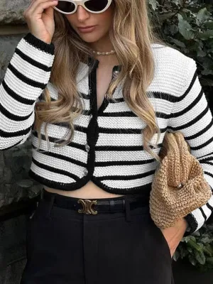 Round Neck Striped Buckle Cardigan