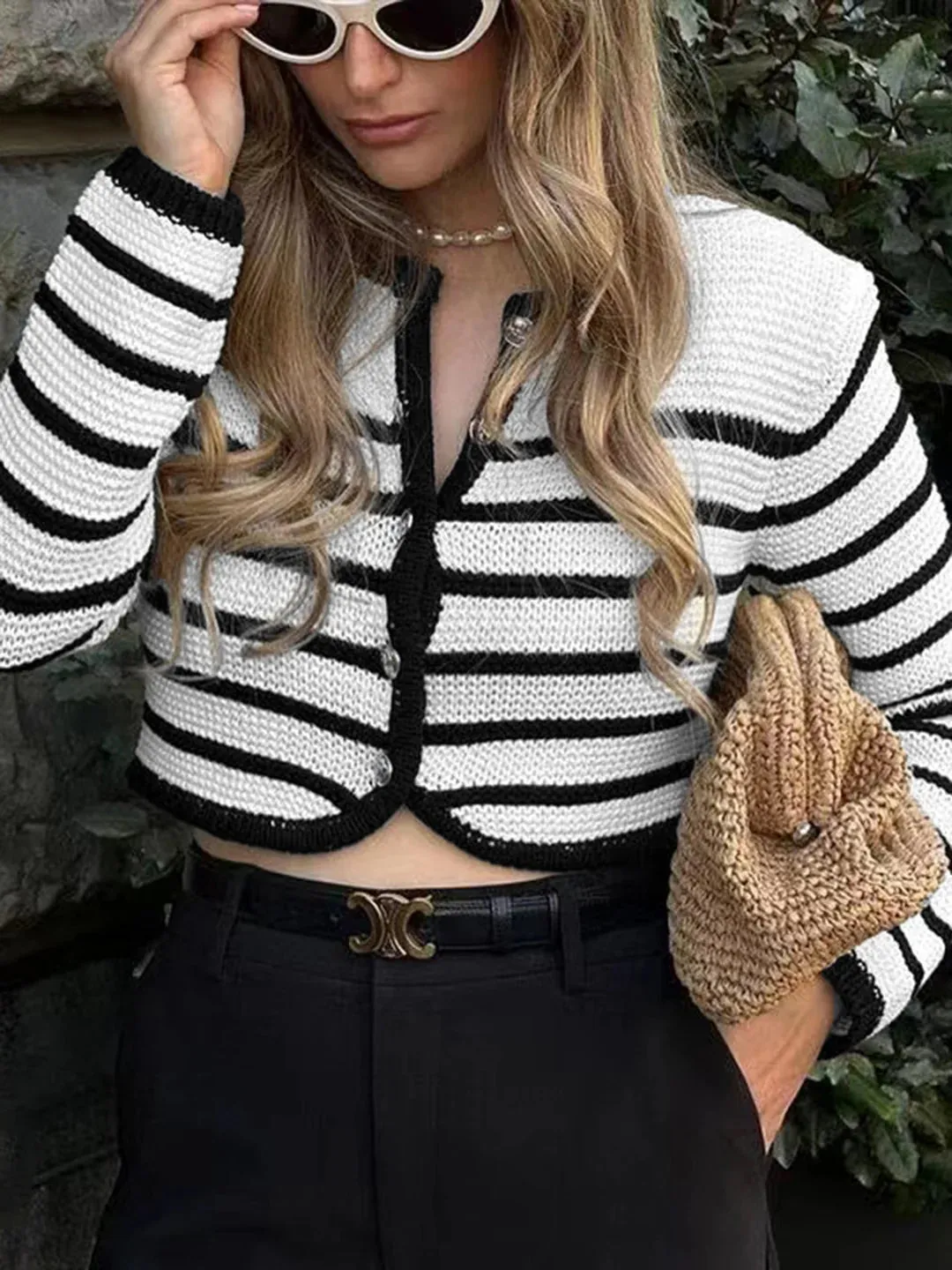 Round Neck Striped Buckle Cardigan